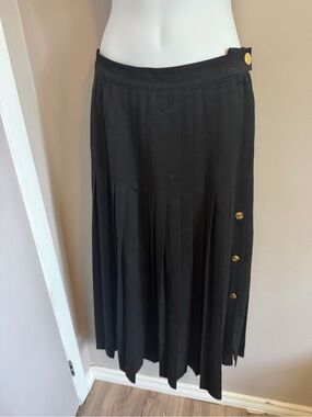 Heritage House Pleated Side Gold Button Midi Skirt Black Size 10